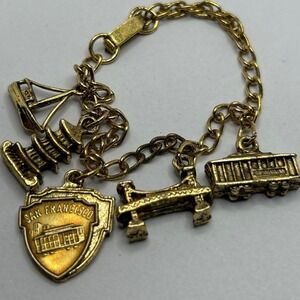 San Francisco Souvenir Charm Bracelet Gold Tone Travel Golden Gate Bridge 6.75